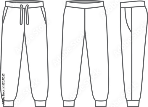 Jogger pants, fashion sketch, technical drawing, apparel design, front view, back view, side view, tapered fit, cuffed ankle, casual wear