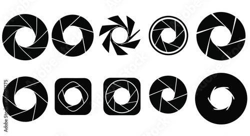 Set of ten photography aperture icons representing diaphragm shutter blades, adjustable optical mechanisms, and lens symbols isolated on white background, Vector, illustration