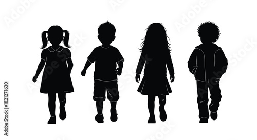 Four children silhouettes walking forward group of diverse kindergarten age kids vector graphic illustration. isolated on white background, Vector, illustration