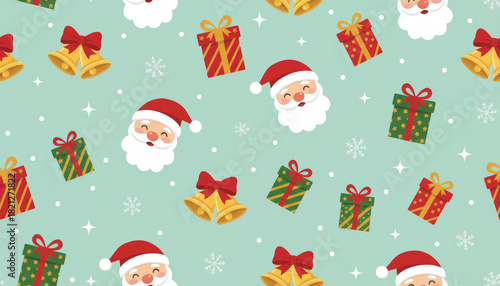 Festive christmas patterns featuring santa gifts and bells digital illustration cheerful environment top-down view
