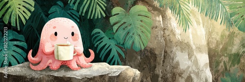 Octopus Character Enjoys Herbal Tea While Relaxing on a Rock Beneath Palm Leaves in Soft Natural Light