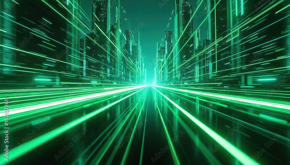 Fototapeta premium Futuristic cityscape with neon green light streaks creates motion blur in digital cyber space. Tall buildings loom with advanced tech energy, speed, innovation. Bright illumination guides through