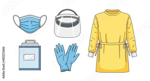Set personal protective equipment including face mask, face shield, gloves, and protective gown, representing healthcare and safety, isolated on