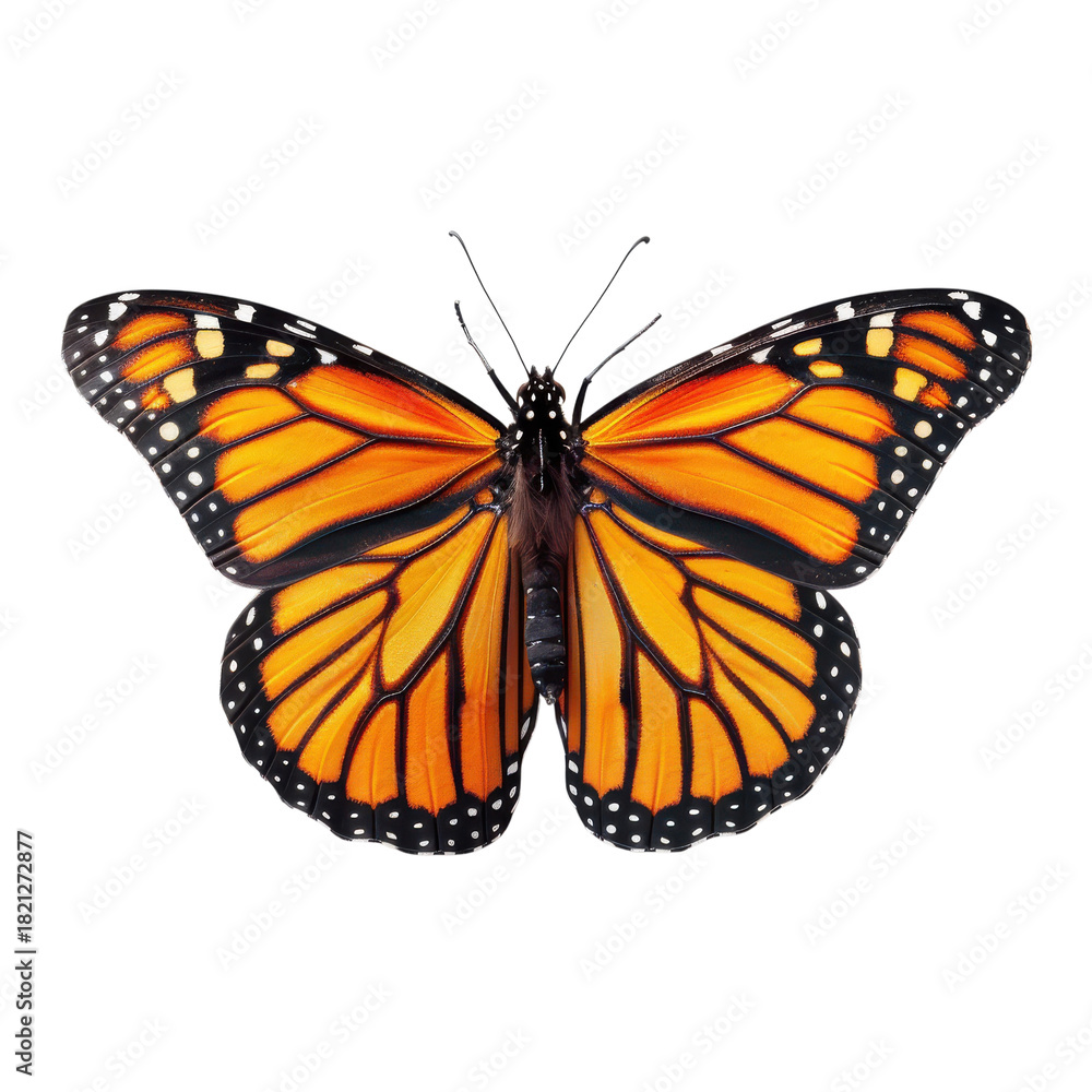 Obraz premium Vibrant monarch butterfly illustration, orange and black wings with white spots, insect wildlife graphic for nature design isolated PNG with Transparent Background