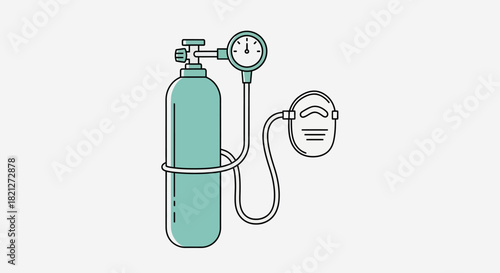 Medical oxygen tank with pressure gauge and mask, representing respiratory support and medical equipment, isolated on