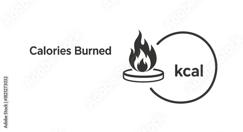 Calories burned icon with flame and kcal symbol, isolated on