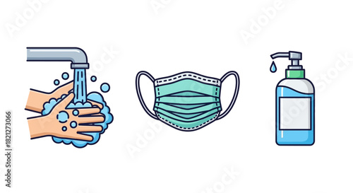 Hygiene and protection against virus concept with hand washing, face mask, and hand sanitizer, isolated on