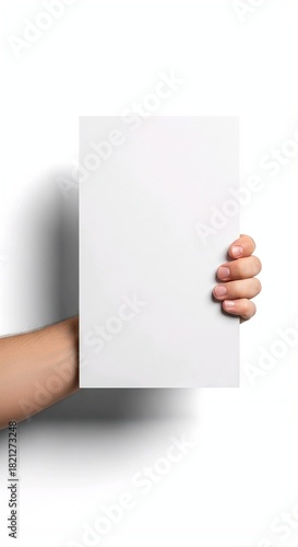 hand holding blank paper on white background 