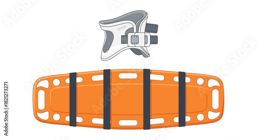 Medical rescue equipment including an orange spine board with straps and cervical collar, isolated on
