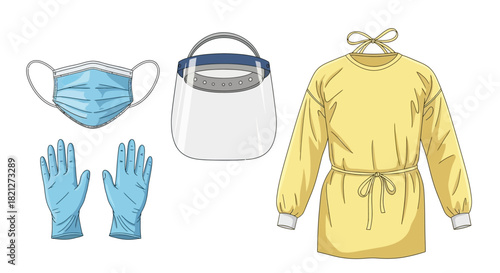Personal protective equipment set including surgical mask, face shield, gloves, and yellow gown, isolated on