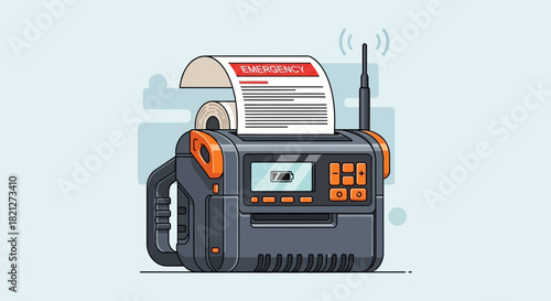 Portable thermal printer with antenna and paper roll, used for mobile printing and data transmission, featuring display screen and control buttons, suitable for field operations and remote locations