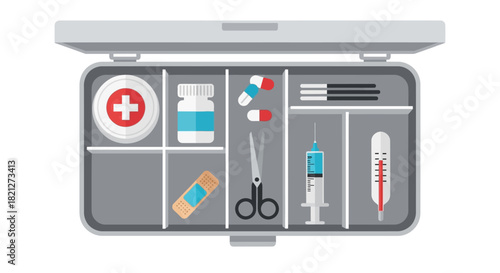 Open first aid kit with medical supplies including bandages, scissors, syringe, and thermometer