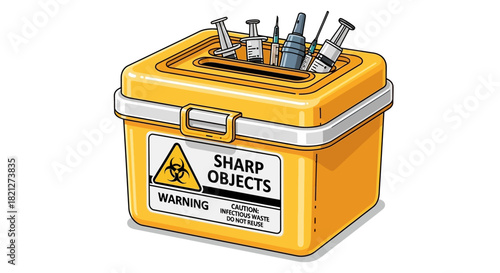 Yellow biohazard sharps container with warning label and medical sharps like needles and syringes inside, isolated on