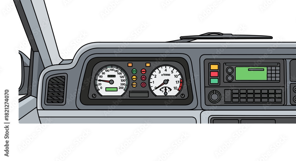 Fototapeta premium Closeup view cars dashboard, showing the instrument cluster with speedometer, tachometer, fuel gauge, and warning lights, as well as the radio and air vents