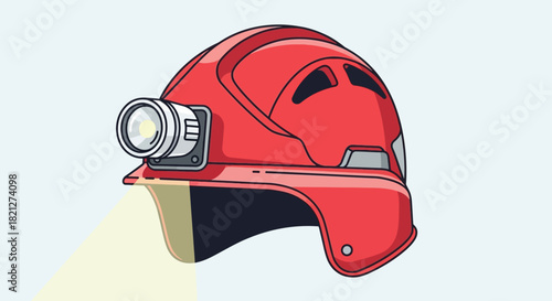 Red hard hat with builtin headlamp, designed for safety in construction, mining, or industrial work environments, illuminating the path ahead