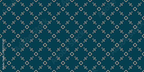 Vector ornamental seamless pattern. Elegant geometric background, texture with lattice, floral shapes, grid. Dark teal green and beige color. Repeating  design for print, decor, wallpaper, textile