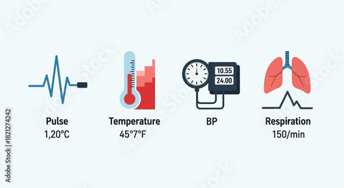 Medical vital signs icons including pulse, temperature, blood pressure, and respiration isolated on