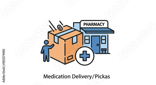Person picking up medication delivery box from pharmacy with plus sign indicating healthcare services, symbolizing convenient and accessible pharmaceutical services