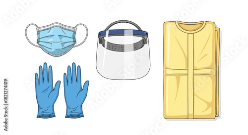 Collection personal protective equipment including blue face mask, clear face shield, blue nitrile gloves, and yellow protective suit, isolated on
