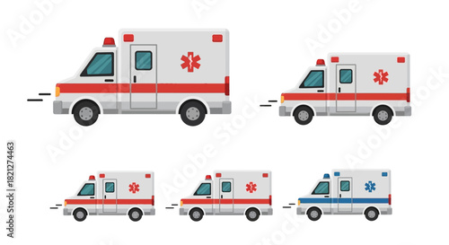 Collection five ambulances in different sizes and styles, some with red stripes and others with blue stripes, all featuring the medical cross symbol, isolated on
