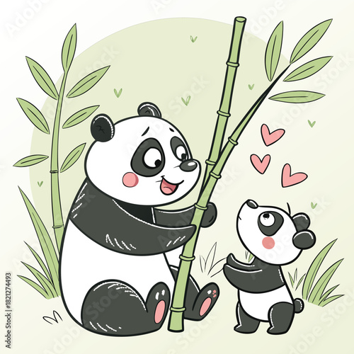 Cute cartoon pandas with bamboo shoots and green leaves