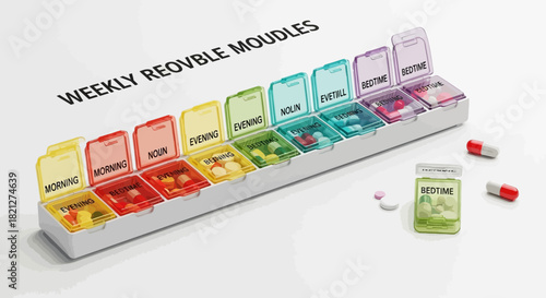 Weekly pill organizer with multiple compartments for daily medication, isolated on