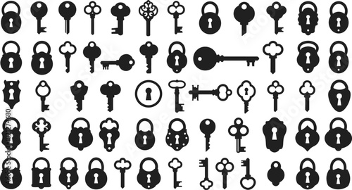 Key silhouette collection, vintage keys, modern keyhole icons, security concept, lock shapes, black vector set, locksmith design elements, isolated