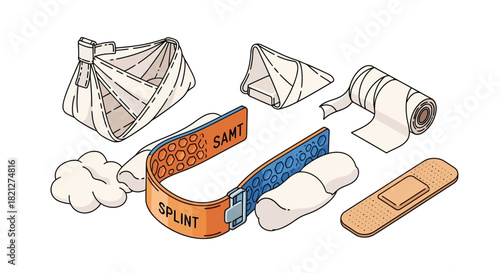 Collection medical first aid supplies including bandages, gauze, splint, and plaster, arranged for easy access in an emergency situation, isolated on