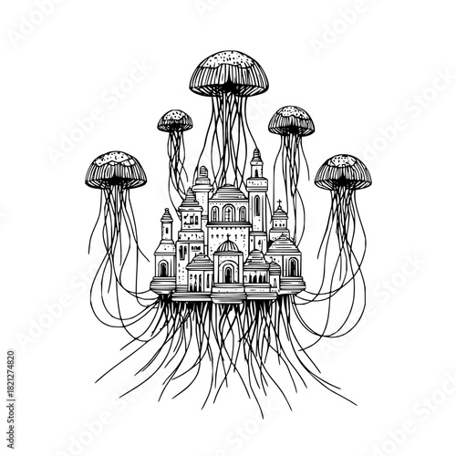 A whimsical illustration of a floating city supported by jellyfish tentacles in black and white style