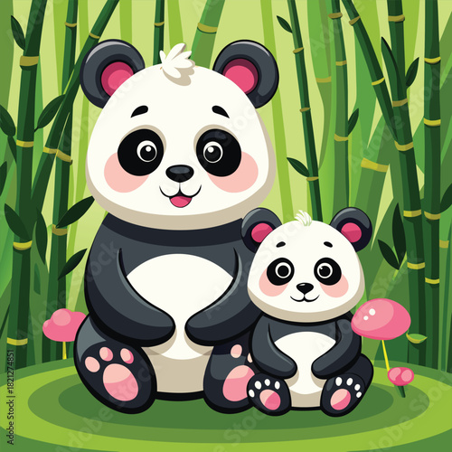 Cute cartoon pandas sitting in a lush bamboo forest with pink mushrooms