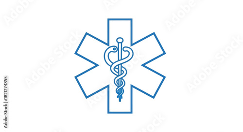 Blue outline the star life symbol, medical emergency symbol featuring sixpointed star and the rod asclepius, isolated on