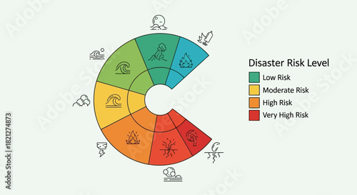 Circular diagram illustrating disaster risk levels, colorcoded from green low risk to red very high risk, with icons representing different types disasters, isolated on