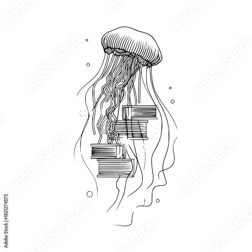 Detailed line art of a jellyfish with books inside its body floating in a white background scene
