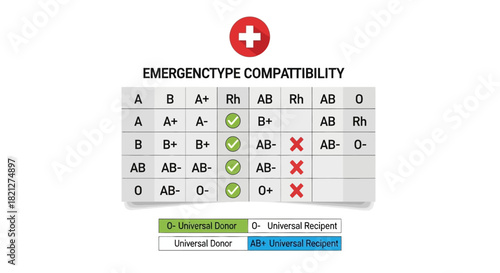 Blood type compatibility chart showing universal donor and recipient information, with red cross symbol and clear visual indicators for compatible and incompatible blood transfusions, isolated on