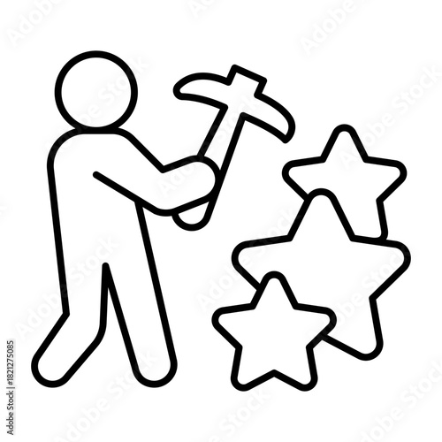 Worker man with pickaxe and stars thin line icon, crypto metaverse concept. Vector graphics. Crypto miner and game points sign on white background, style icon mobile or web design.