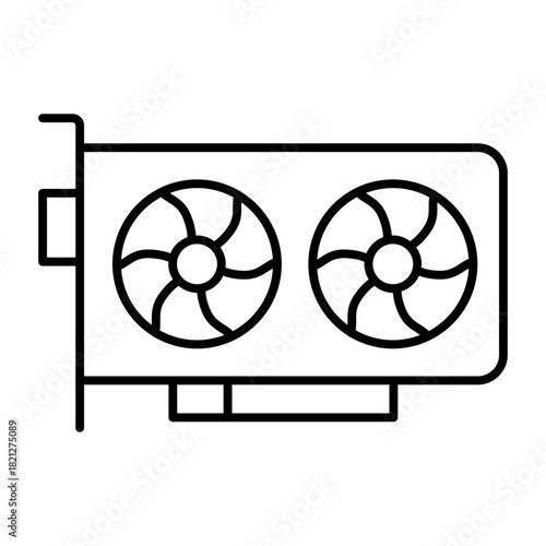 Powerful discrette videocard thin line icon, crypto mining concept. Vector graphics. Modern GPU, video card sign on white background, style icon mobile or web design.