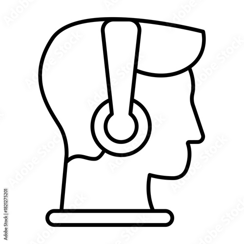 Man head with headphones thin line icon, music listening concept. Vector graphics. Attentive listener guy, boy sign on white background, style icon mobile or web design.