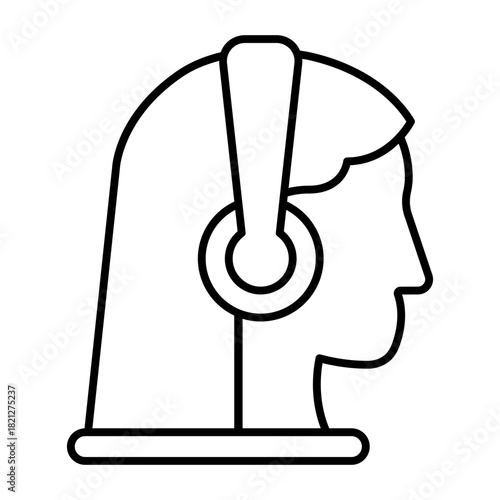 Woman head with headphones thin line icon, music listening concept. Vector graphics. Attentive listener, girl sign on white background, style icon mobile or web design.