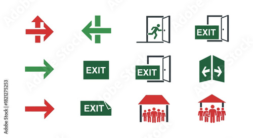 Collection exit and directional arrow icons including red and green arrows, open doors with running person, exit signs, and people gathering under roof, isolated on