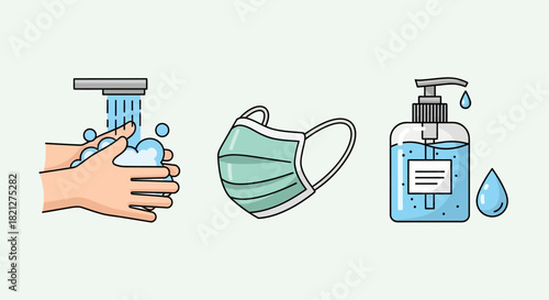 Hygiene and protection against viruses and bacteria washing hands, wearing mask, and using hand sanitizer
