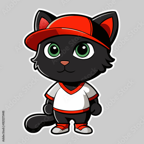 Cute black kitten wearing baseball cap and sporty outfit.