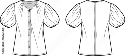 Puff sleeve blouse technical flat sketch featuring button-front design, V-neckline, gathered sleeves, tailored silhouette, detailed garment vector for fashion templates