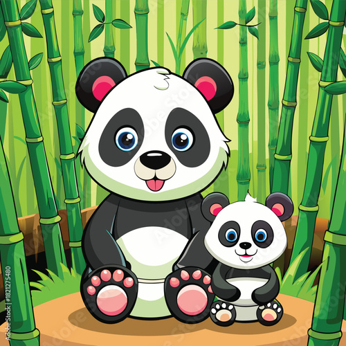 Cute cartoon adult and baby pandas sitting together in a lush bamboo forest