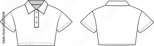 Cropped polo shirt technical flat sketch featuring front placket, classic collar, short sleeves, clean line art, garment design template for fashion