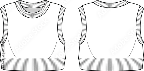 Minimalist sleeveless sweater vest fashion flat sketch showcasing front and back technical vector illustration with ribbed neckline, armholes, and hem details