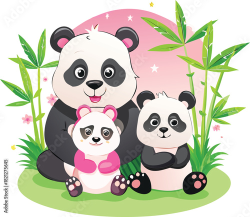 Cute panda family sitting together with bamboo plants and pink starry background