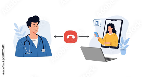 Telemedicine consultation between male doctor and female patient using smartphone and laptop, symbolizing remote healthcare and virtual medical advice, isolated on