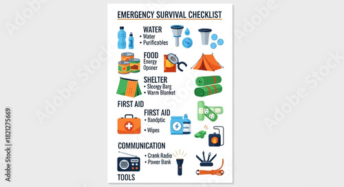 Emergency survival checklist with icons for water, food, shelter, first aid, communication, and tools, isolated on