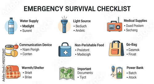 Emergency survival checklist with essential items for disaster preparedness, including water, light source, communication, medical supplies, nonperishable food, and gobag, isolated on