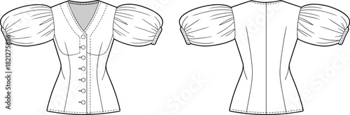 Detailed puff sleeve blouse fashion flat sketch showcasing front and back views with structured silhouette for professional apparel design presentations